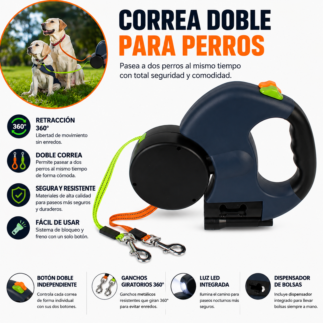 Correa Retráctil con Luz LED para Perros